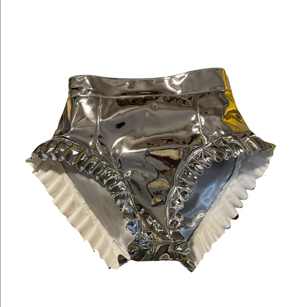 Char Workroom Silver Metallic Ruffle Frill Zip Mini Handmade designer Shorts